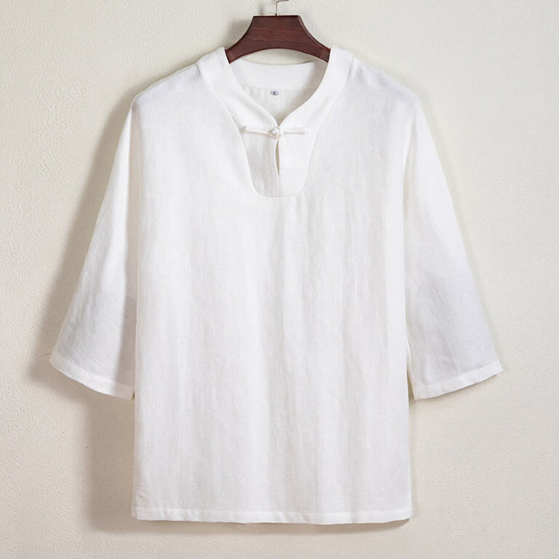 Nimara Ritual White Frog-button Linen Three Quarter Sleeve Men's Shirt