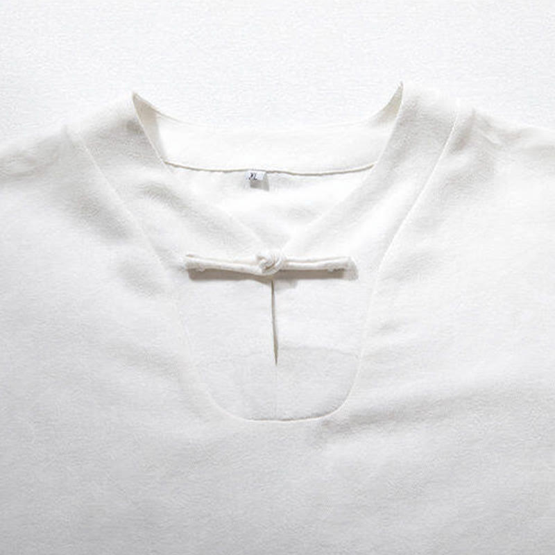 Nimara Ritual White Frog-button Linen Three Quarter Sleeve Men's Shirt