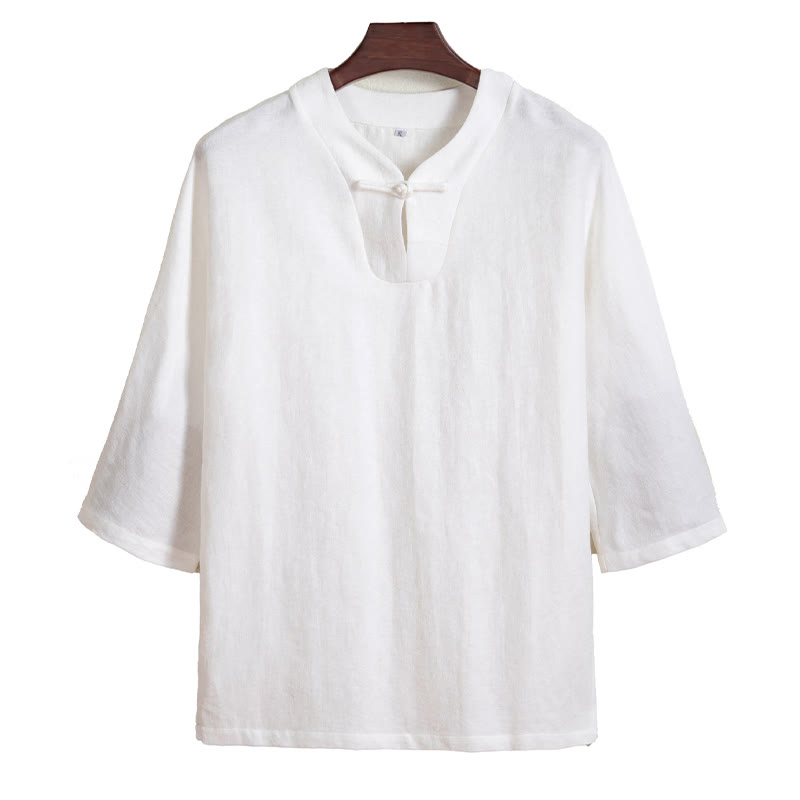 Nimara Ritual White Frog-button Linen Three Quarter Sleeve Men's Shirt