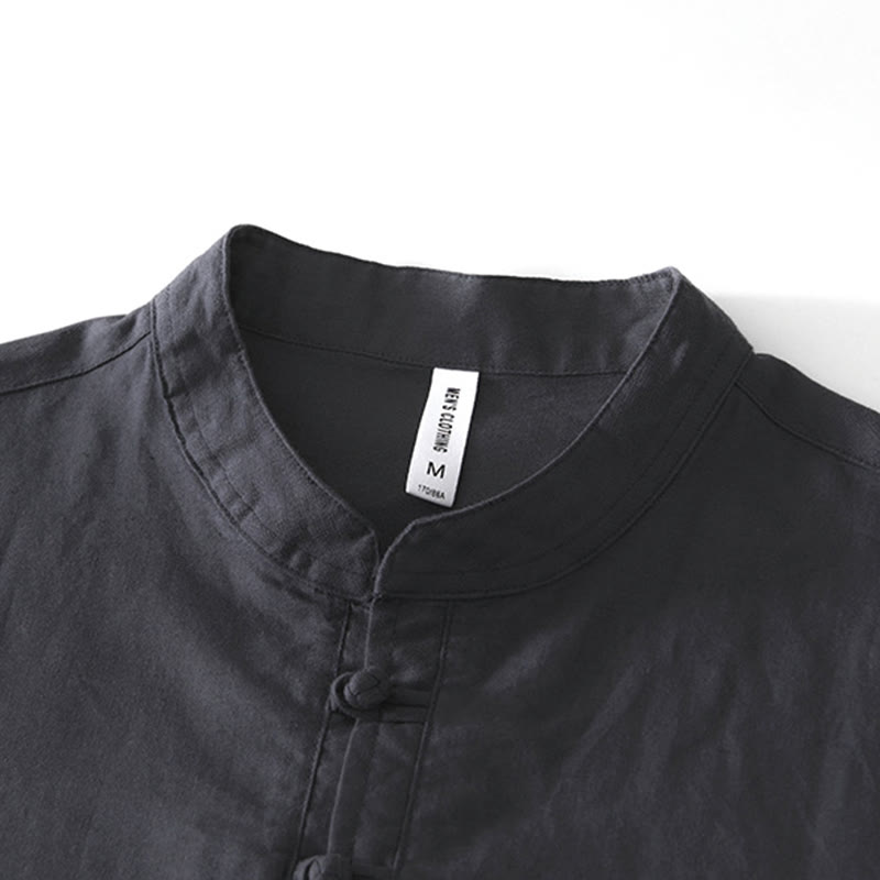 Nimara Ritual Soft Plain Frog-button Crew Neck Cotton Linen Half Button Men's Shirt