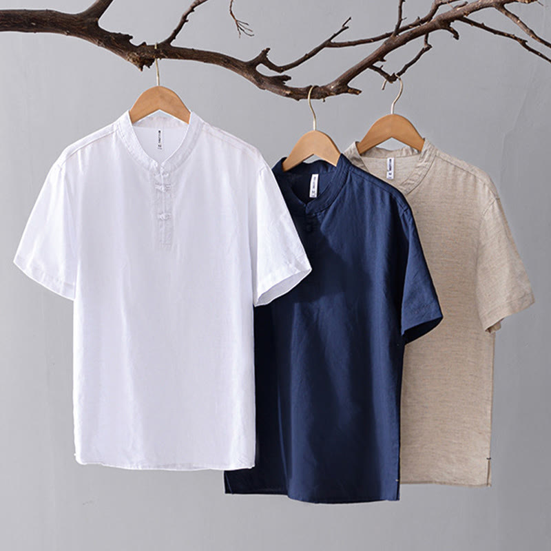 Nimara Ritual Soft Plain Frog-button Crew Neck Cotton Linen Half Button Men's Shirt