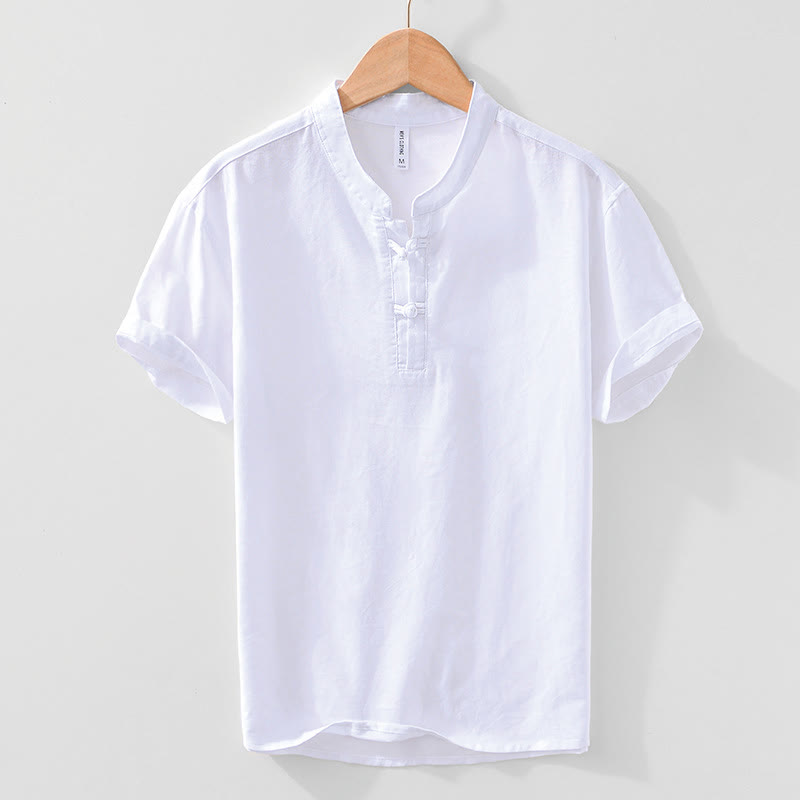 Nimara Ritual Soft Plain Frog-button Crew Neck Cotton Linen Half Button Men's Shirt