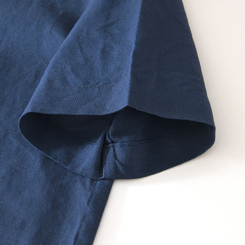 Nimara Ritual Soft Plain Frog-button Crew Neck Cotton Linen Half Button Men's Shirt