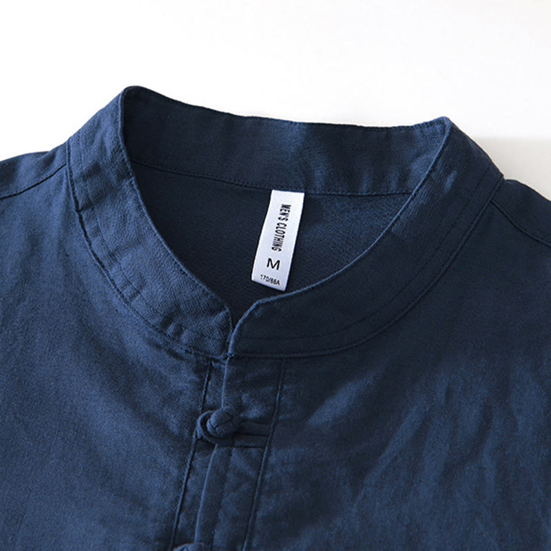 Nimara Ritual Soft Plain Frog-button Crew Neck Cotton Linen Half Button Men's Shirt