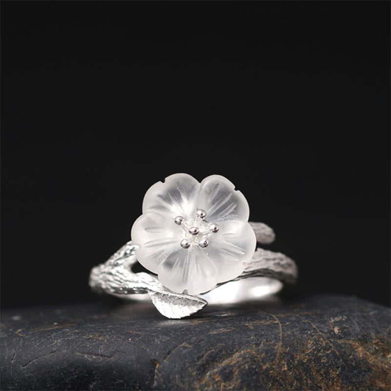 Nimara Ritual 925 Sterling Silver White Crystal Skeleton Flower Adjustable Healing Ring