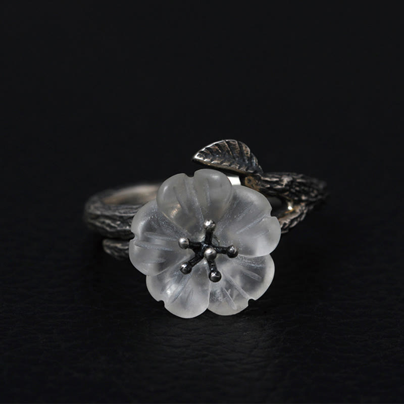 Nimara Ritual 925 Sterling Silver White Crystal Skeleton Flower Adjustable Healing Ring