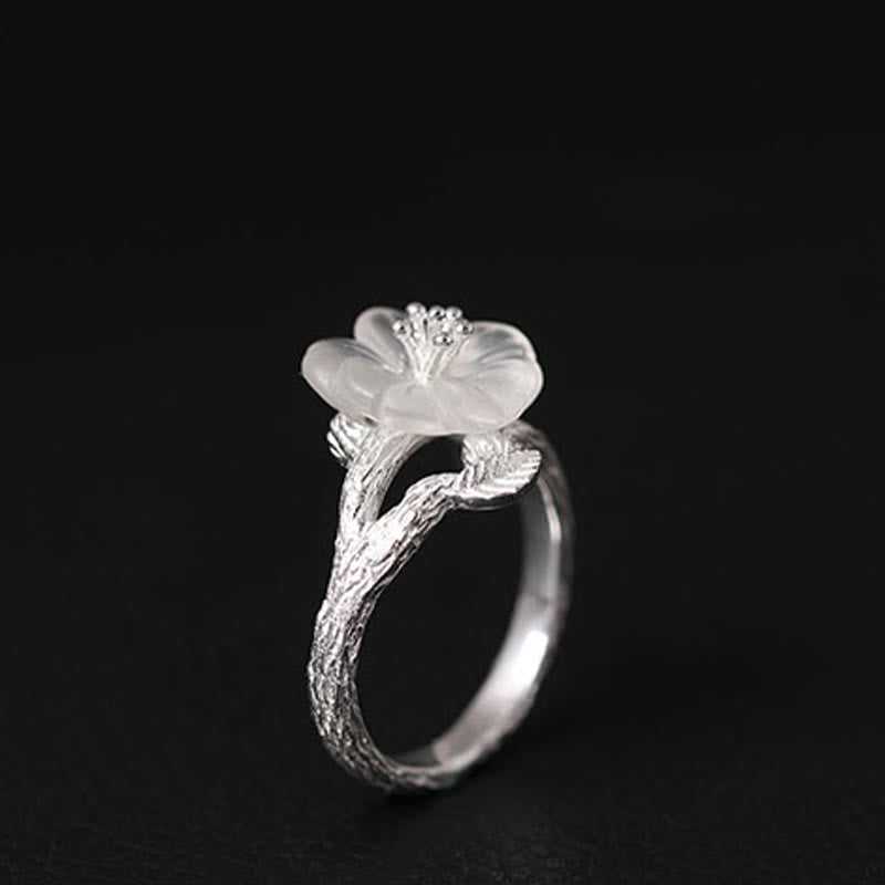 Nimara Ritual 925 Sterling Silver White Crystal Skeleton Flower Adjustable Healing Ring