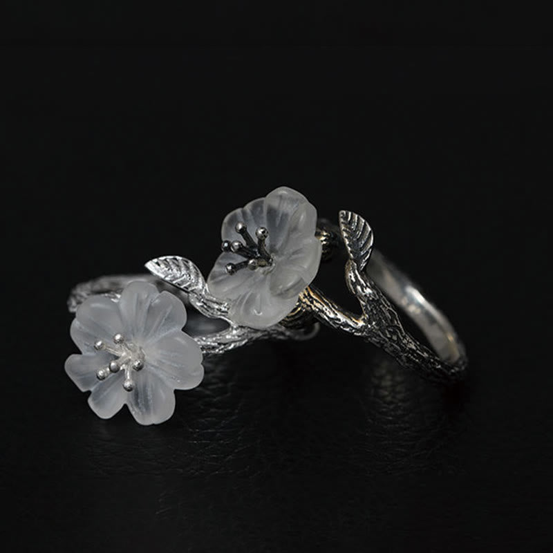 Nimara Ritual 925 Sterling Silver White Crystal Skeleton Flower Adjustable Healing Ring