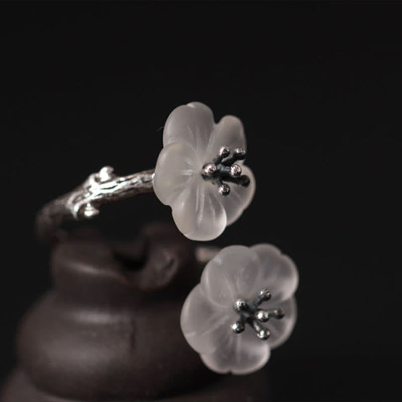 Nimara Ritual 925 Sterling Silver White Crystal Double Plum Blossom Flower Adjustable Protection Ring