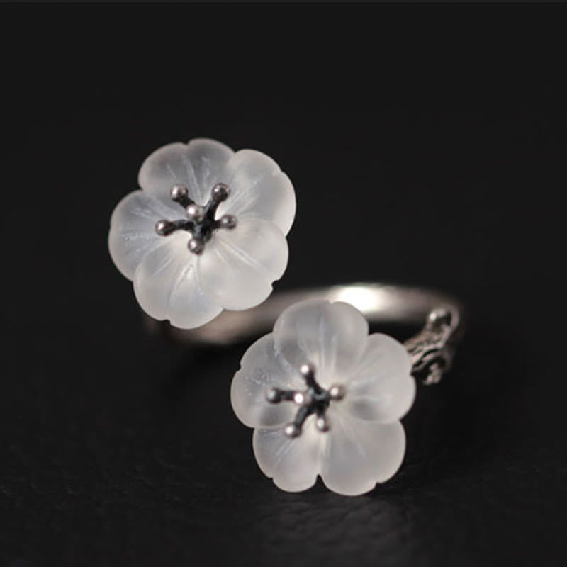 Nimara Ritual 925 Sterling Silver White Crystal Double Plum Blossom Flower Adjustable Protection Ring
