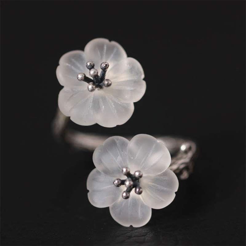 Nimara Ritual 925 Sterling Silver White Crystal Double Plum Blossom Flower Adjustable Protection Ring