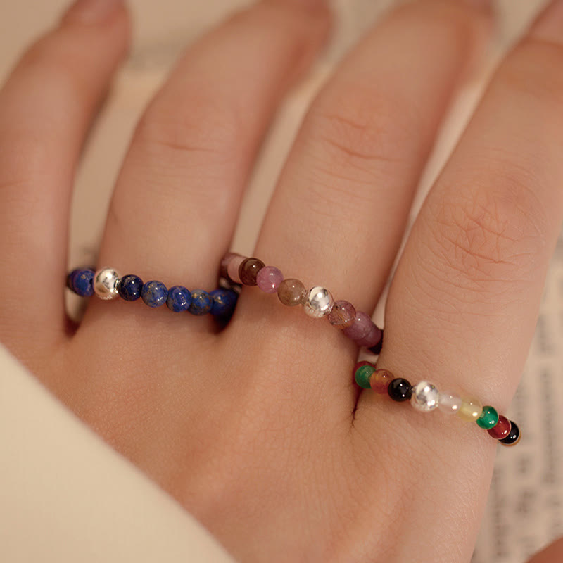 Nimara Ritual 925 Sterling Silver Crystal Beads White Jade Black Onyx Blessing Elastic Ring