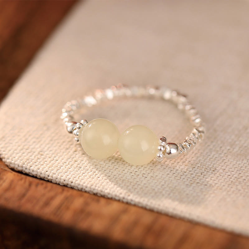 Nimara Ritual 925 Sterling Silver Natural Small Hetian Jade Bead Luck Elastic Ring