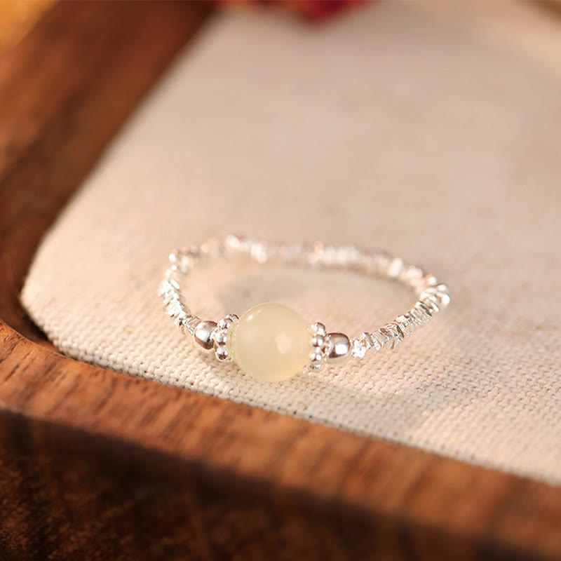Nimara Ritual 925 Sterling Silver Natural Small Hetian Jade Bead Luck Elastic Ring