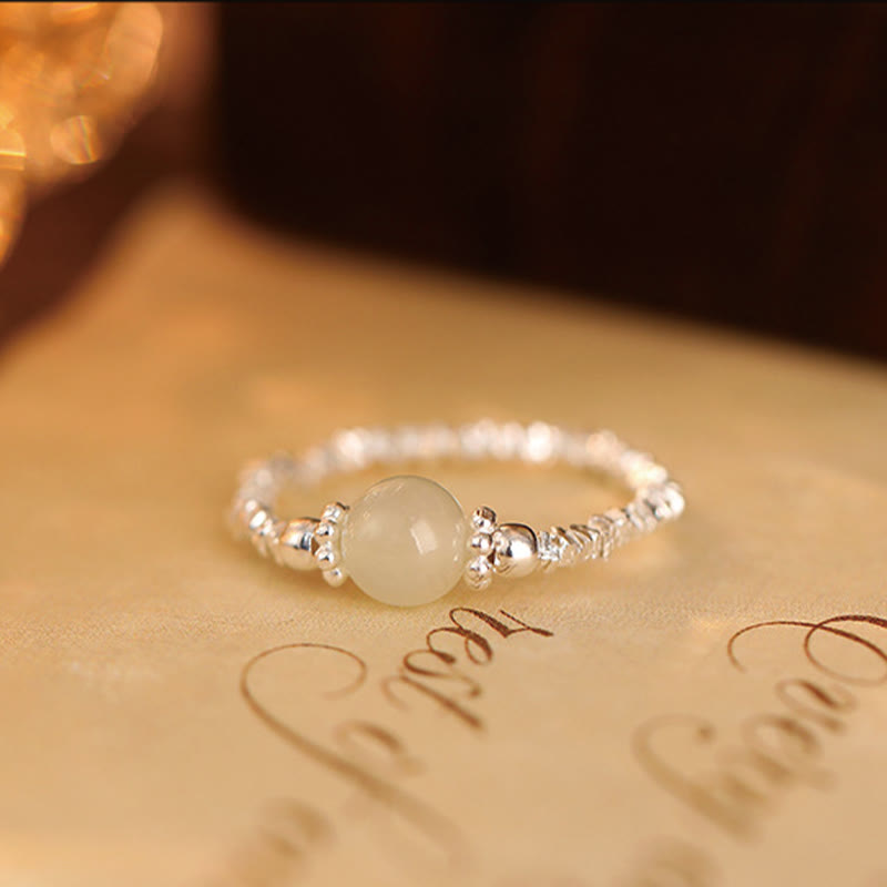 Nimara Ritual 925 Sterling Silver Natural Small Hetian Jade Bead Luck Elastic Ring