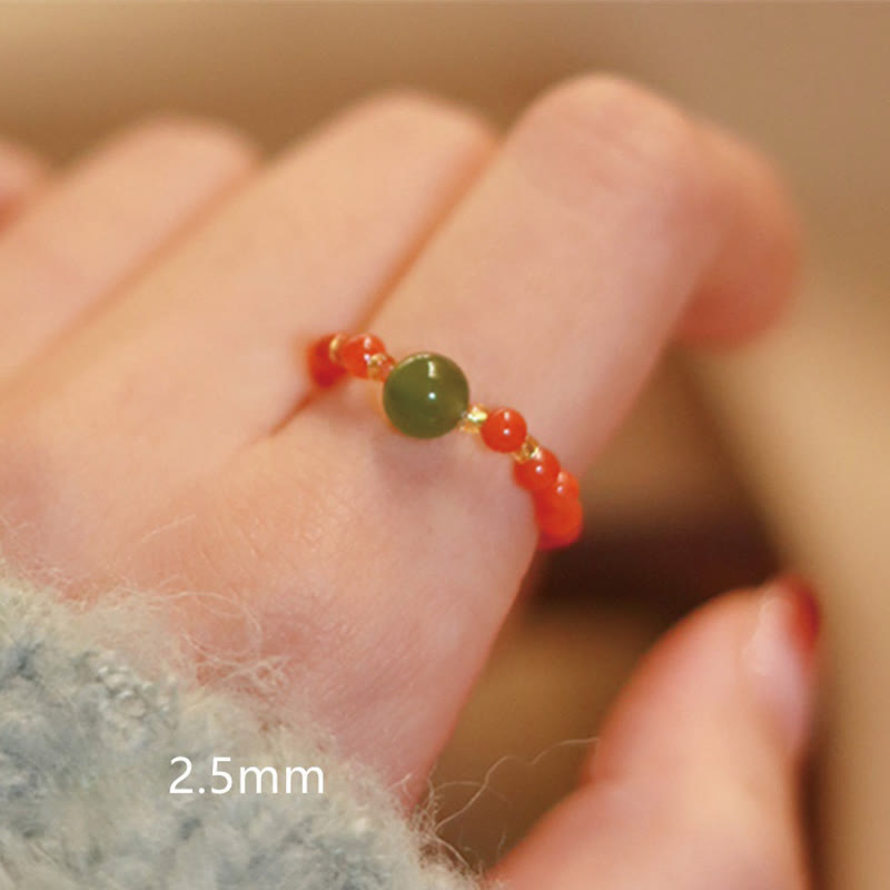 Nimara Ritual 925 Sterling Silver Natural Small Hetian Jade Red Agate Pearl Bead Prosperity Elastic Ring