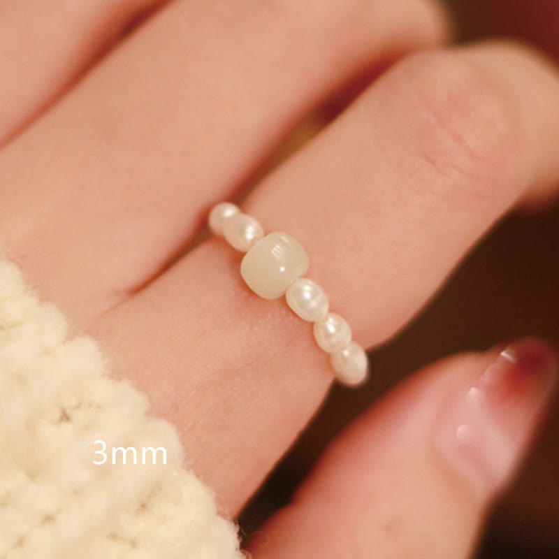 Nimara Ritual 925 Sterling Silver Natural Small Hetian Jade Red Agate Pearl Bead Prosperity Elastic Ring