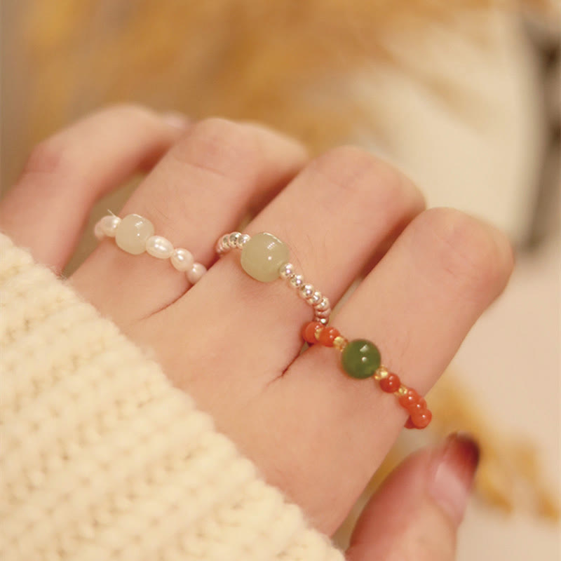 Nimara Ritual 925 Sterling Silver Natural Small Hetian Jade Red Agate Pearl Bead Prosperity Elastic Ring