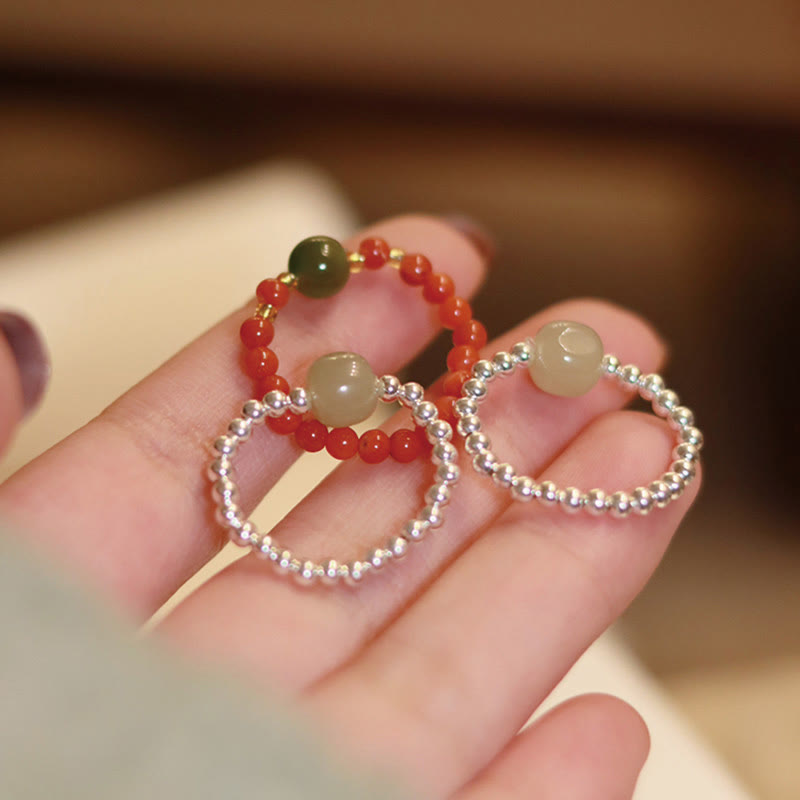 Nimara Ritual 925 Sterling Silver Natural Small Hetian Jade Red Agate Pearl Bead Prosperity Elastic Ring