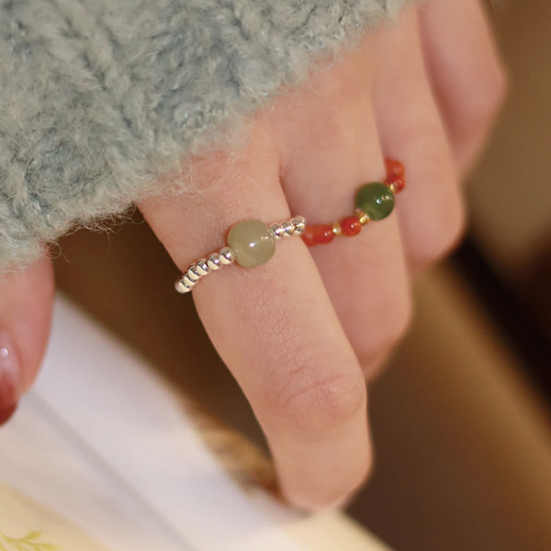 Nimara Ritual 925 Sterling Silver Natural Small Hetian Jade Red Agate Pearl Bead Prosperity Elastic Ring