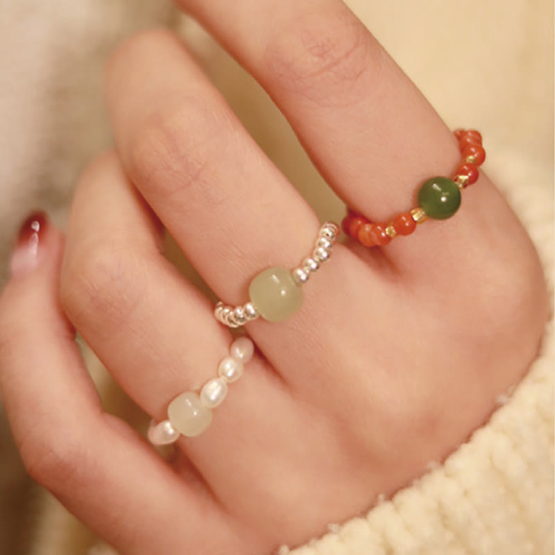 Nimara Ritual 925 Sterling Silver Natural Small Hetian Jade Red Agate Pearl Bead Prosperity Elastic Ring