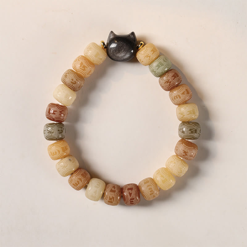 Nimara Ritual Bodhi Seed Om Mani Padme Hum Carved Silver Sheen Obsidian Cat Head Wisdom Bracelet