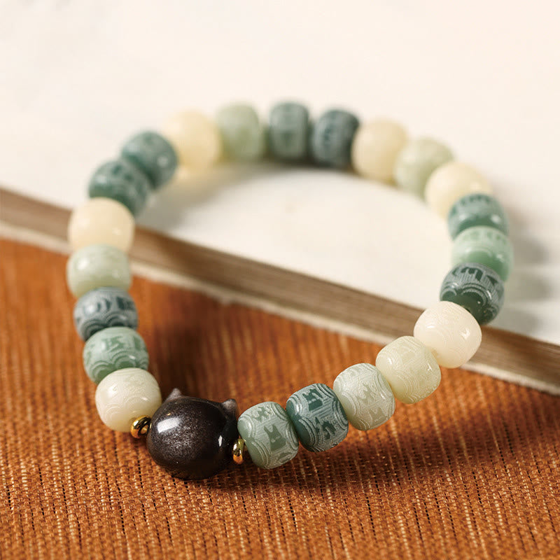 Nimara Ritual Bodhi Seed Om Mani Padme Hum Carved Silver Sheen Obsidian Cat Head Wisdom Bracelet