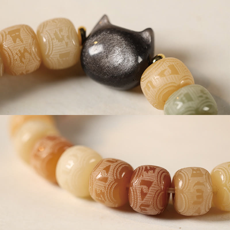Nimara Ritual Bodhi Seed Om Mani Padme Hum Carved Silver Sheen Obsidian Cat Head Wisdom Bracelet