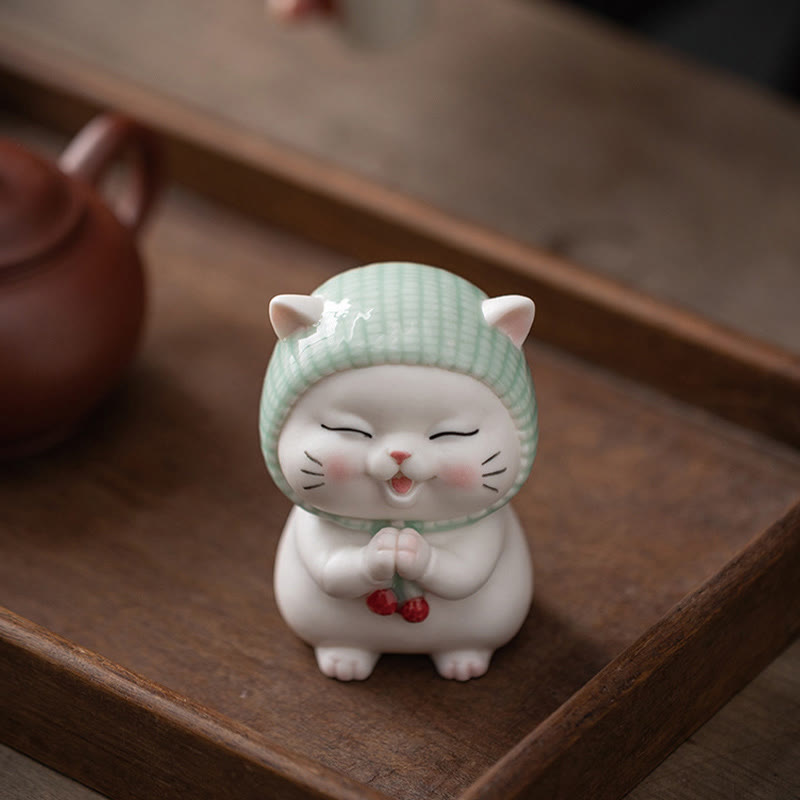 Nimara Ritual Lucky Cute Cat In Scarf Ceramic Figurine Decoration