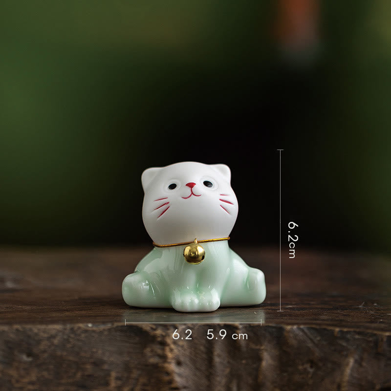 Nimara Ritual Mini Lucky Cute Cat Light Green White Ceramic Figurine Decoration