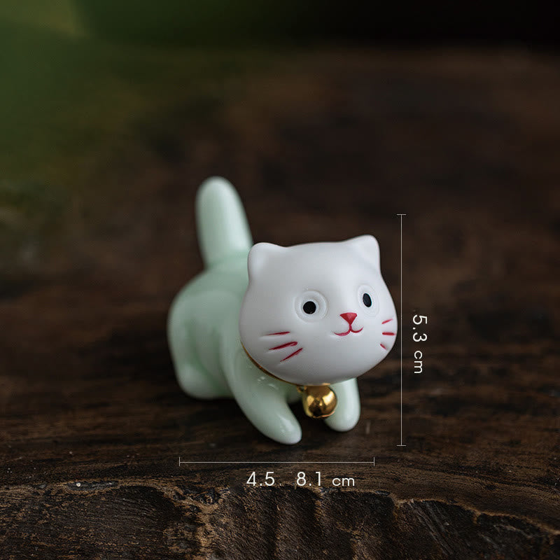 Nimara Ritual Mini Lucky Cute Cat Light Green White Ceramic Figurine Decoration