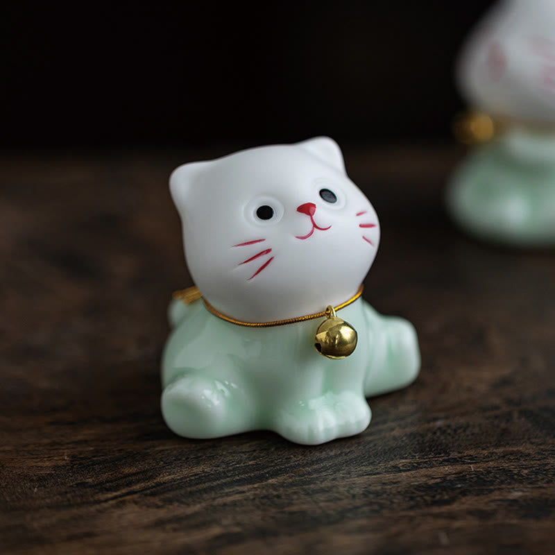 Nimara Ritual Mini Lucky Cute Cat Light Green White Ceramic Figurine Decoration