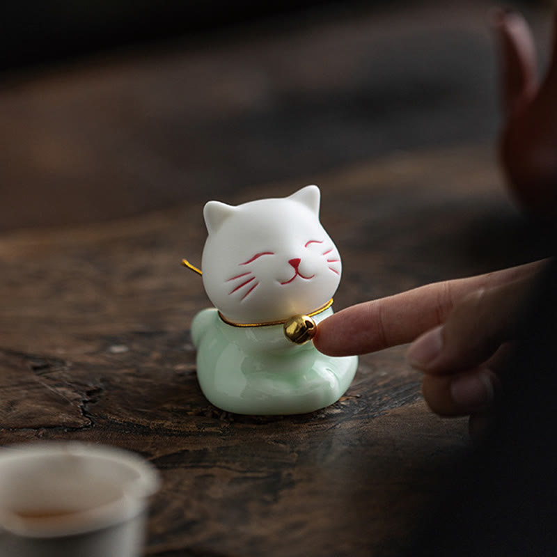 Nimara Ritual Mini Lucky Cute Cat Light Green White Ceramic Figurine Decoration