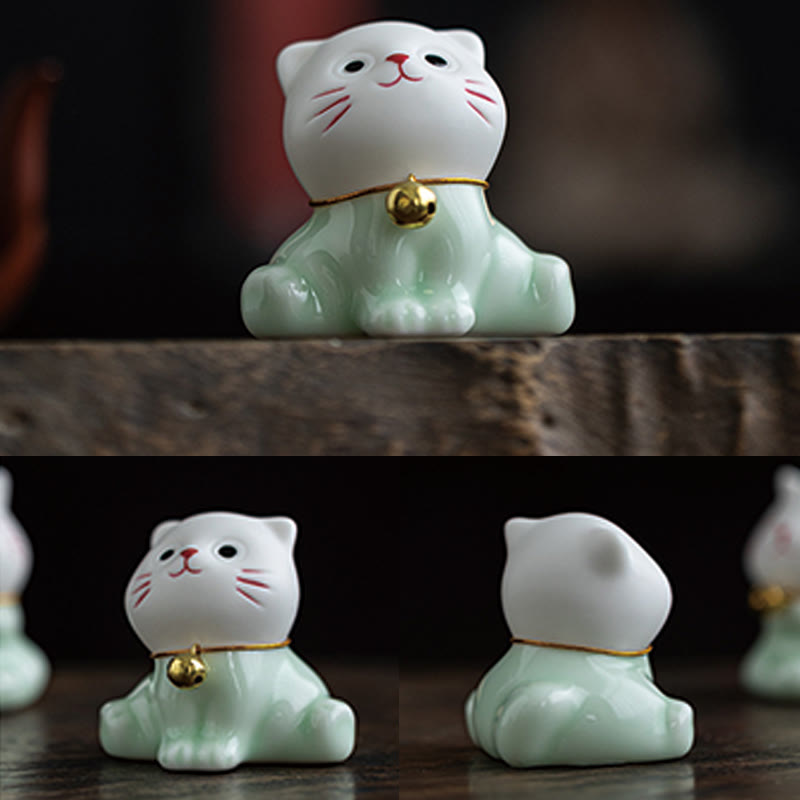 Nimara Ritual Mini Lucky Cute Cat Light Green White Ceramic Figurine Decoration