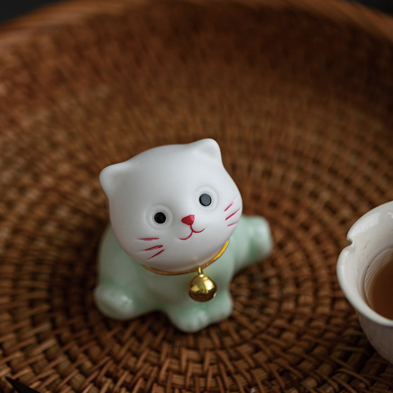 Nimara Ritual Mini Lucky Cute Cat Light Green White Ceramic Figurine Decoration