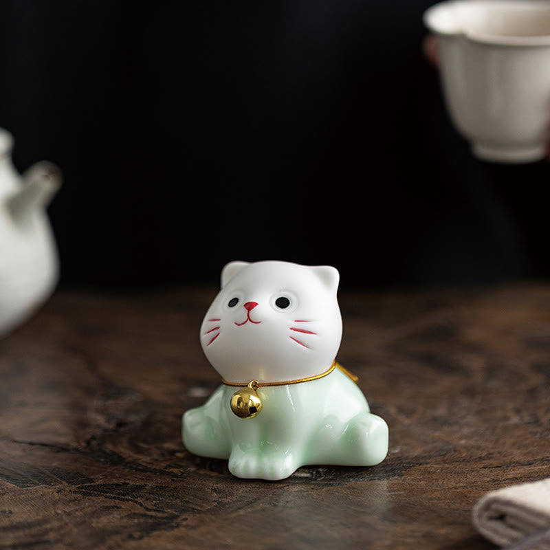 Nimara Ritual Mini Lucky Cute Cat Light Green White Ceramic Figurine Decoration