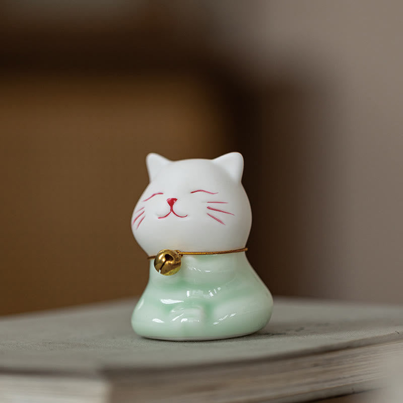 Nimara Ritual Mini Lucky Cute Cat Light Green White Ceramic Figurine Decoration