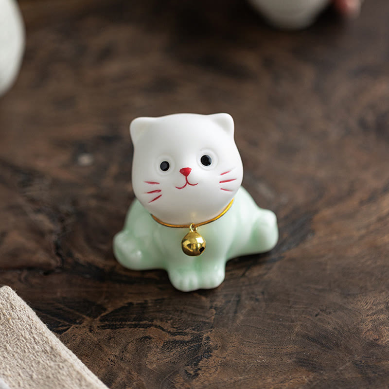 Nimara Ritual Mini Lucky Cute Cat Light Green White Ceramic Figurine Decoration