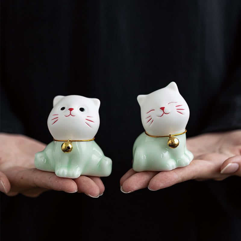 Nimara Ritual Mini Lucky Cute Cat Light Green White Ceramic Figurine Decoration