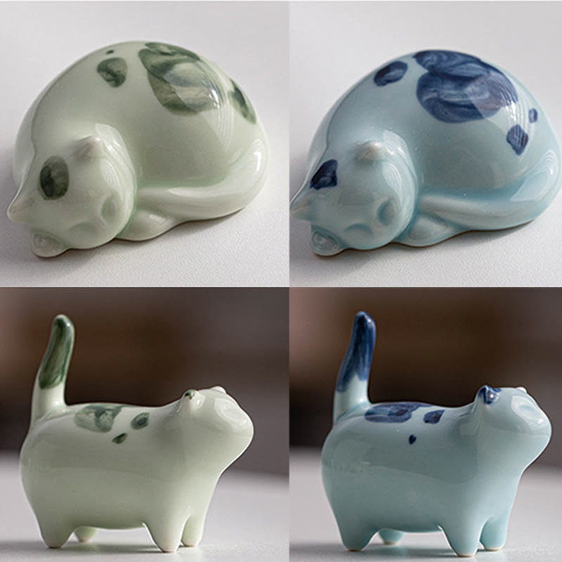 Nimara Ritual Mini Lucky Cute Spotted Standing Cat Sleeping Kitten Ceramic Figurine Decoration