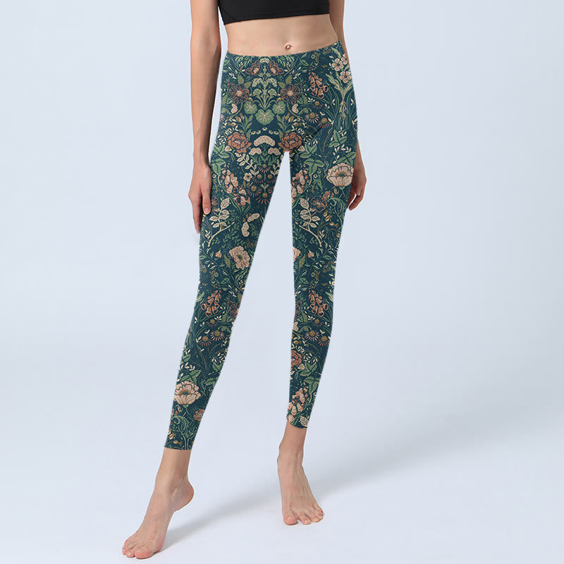 Nimara Ritual Green Stitching Flowers Vines Pattern Print Gym Leggings Women's Yoga Pants
