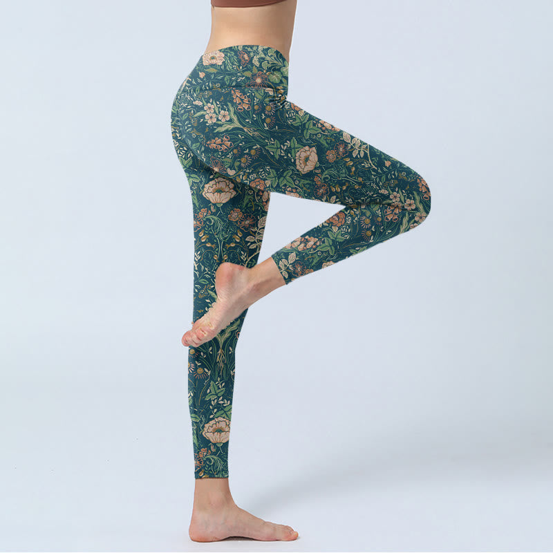 Nimara Ritual Green Stitching Flowers Vines Pattern Print Gym Leggings Women's Yoga Pants