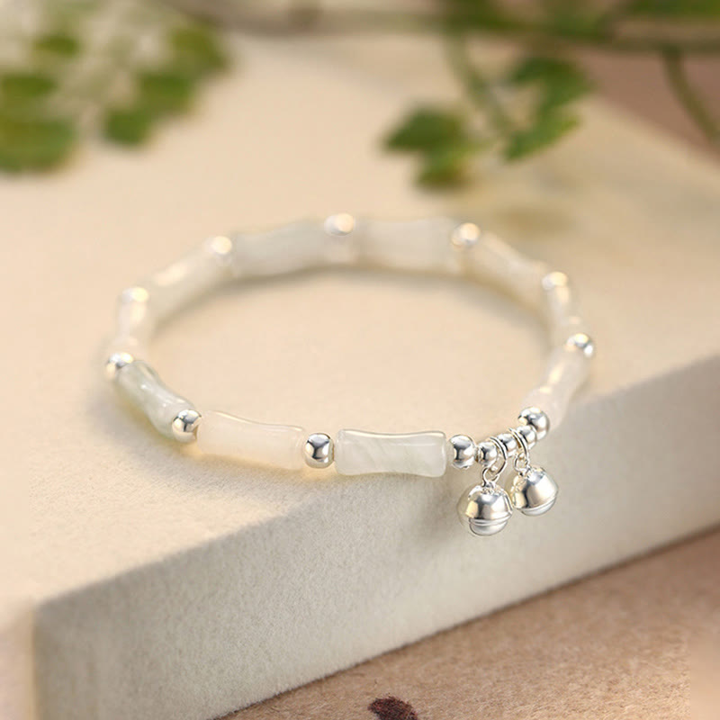 Nimara Ritual 925 Sterling Silver Natural White Jade Bamboo Bell Charm Luck Happiness Bracelet