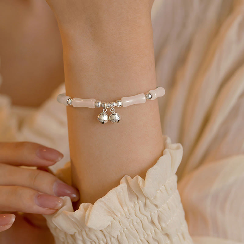 Nimara Ritual 925 Sterling Silver Natural White Jade Bamboo Bell Charm Luck Happiness Bracelet
