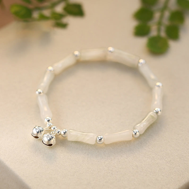 Nimara Ritual 925 Sterling Silver Natural White Jade Bamboo Bell Charm Luck Happiness Bracelet