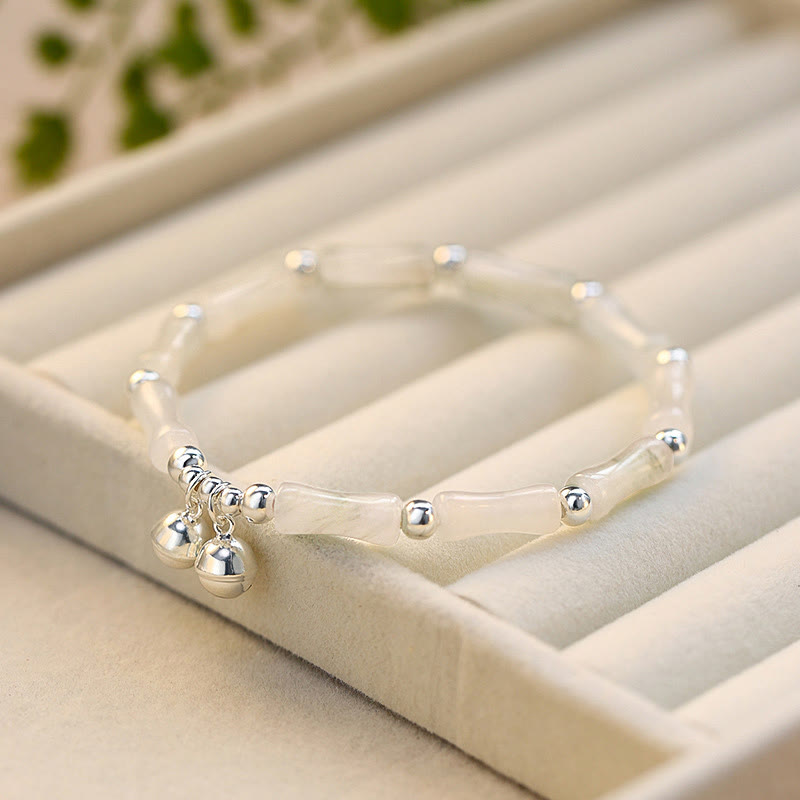 Nimara Ritual 925 Sterling Silver Natural White Jade Bamboo Bell Charm Luck Happiness Bracelet