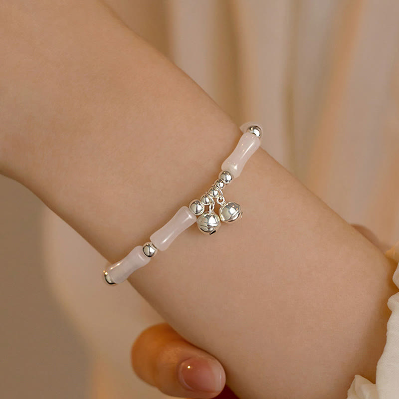 Nimara Ritual 925 Sterling Silver Natural White Jade Bamboo Bell Charm Luck Happiness Bracelet