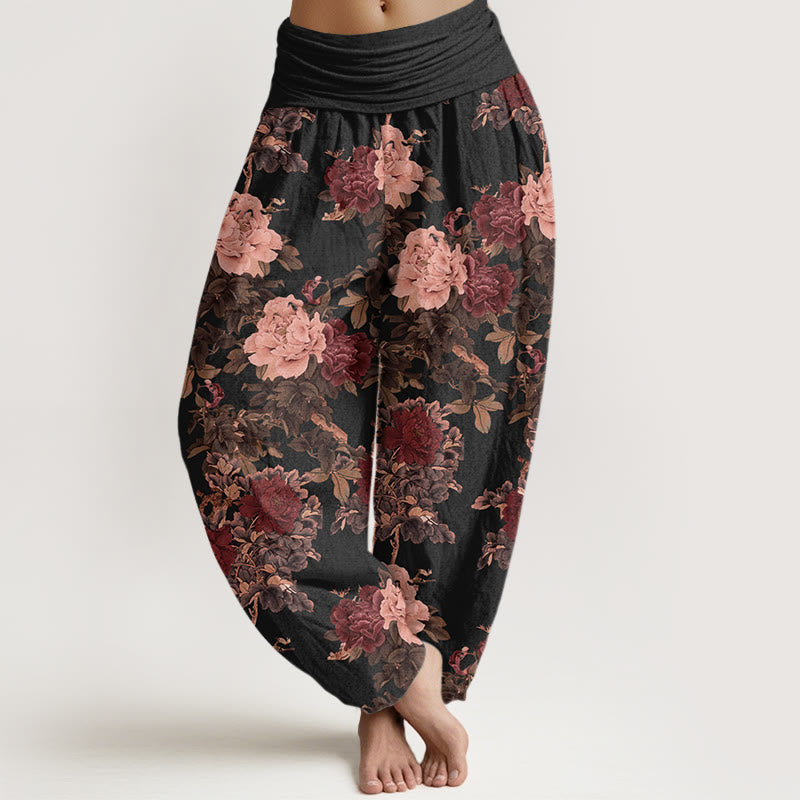 Nimara Ritual Cotton Casual Lush Peony Flowers Leaf Pattern Women's Elastic Waist Harem Pants