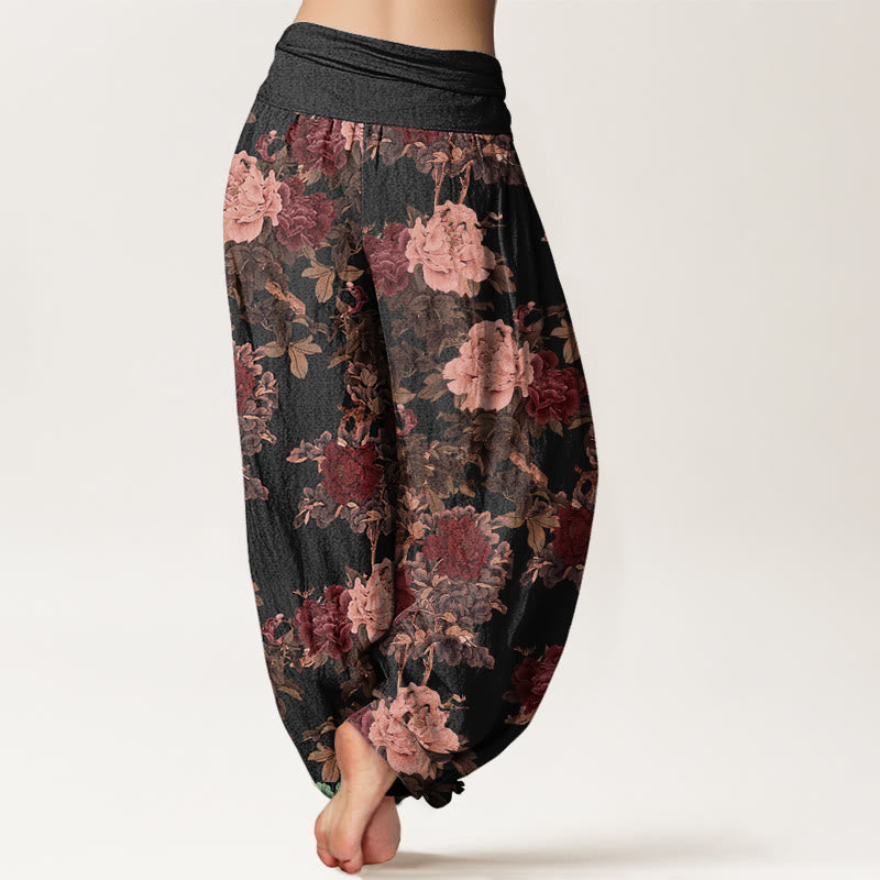 Nimara Ritual Cotton Casual Lush Peony Flowers Leaf Pattern Women's Elastic Waist Harem Pants