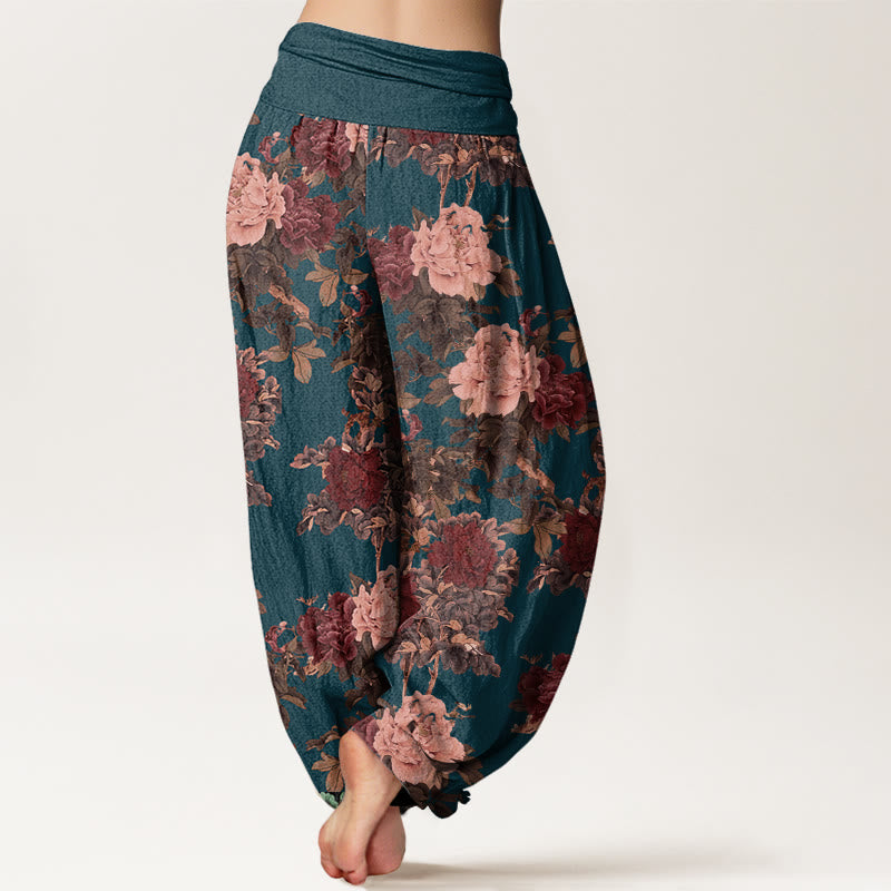 Nimara Ritual Cotton Casual Lush Peony Flowers Leaf Pattern Women's Elastic Waist Harem Pants
